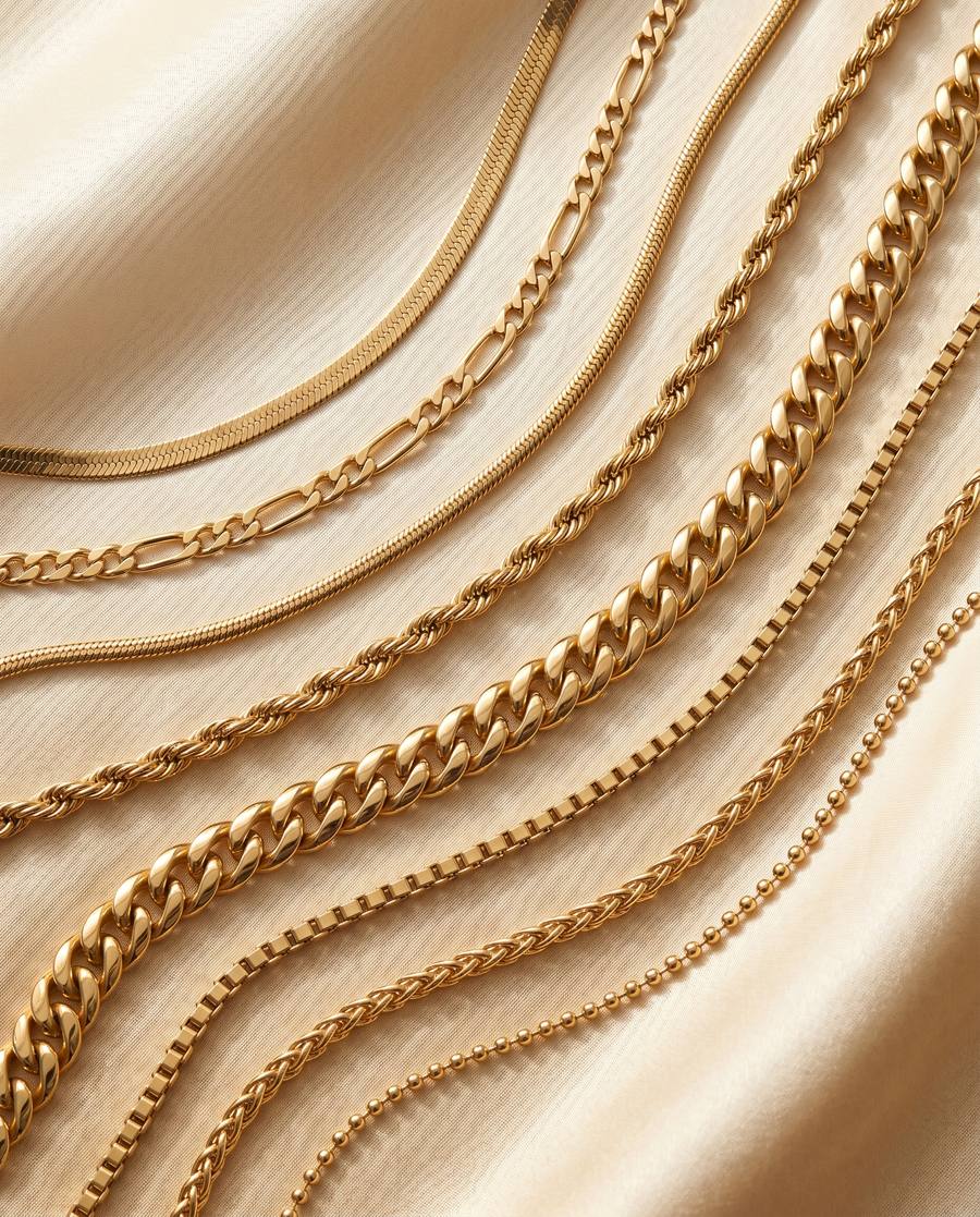 Layered gold pendant chains in herringbone, figaro, and rope styles